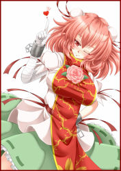 Rule 34 | 1girl, archienemy, bandages, blush, border, bun cover, chinese clothes, cuffs, double bun, dress, female focus, flower, hand on own hip, heart, hip focus, ibaraki kasen, one eye closed, pink eyes, pink hair, red border, rose, shackles, short hair, solo, tabard, touhou, wink