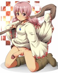 Rule 34 | 1girl, boots, bottomless, brown eyes, censored, erection, final fantasy, full body, futanari, jewelry, long hair, necklace, penis, pink hair, robe, shishoku gankou, solo, source request, staff, testicles, wavy hair, weapon, white mage (final fantasy)