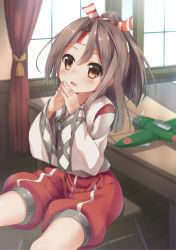 Rule 34 | 10s, 1girl, aircraft, airplane, blush, brown eyes, brown hair, chair, curtains, ezoshika gg, hachimaki, headband, high ponytail, japanese clothes, kantai collection, long hair, looking at viewer, muneate, open mouth, ponytail, shorts, sitting, smile, solo, table, tassel, window, zuihou (kancolle)