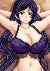 Rule 34 | 1girl, armpits, artemisumi, blush, bra, breasts, cleavage, collarbone, grey eyes, highres, large breasts, long hair, looking at viewer, love live!, lying, navel, on back, purple hair, smile, solo, tojo nozomi, twintails, underwear