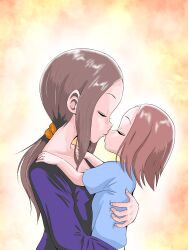 Rule 34 | 2girls, absurdres, age difference, brown hair, carrying, child, closed eyes, commentary request, hair ornament, hair scrunchie, hatomugi (user datj4345), highres, imminent kiss, karakai jouzu no (moto) takagi-san, karakai jouzu no takagi-san, low ponytail, mother and daughter, multiple girls, nishikata chii, ponytail, scrunchie, takagi-san