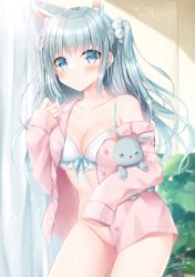 Rule 34 | 1girl, :o, animal ear fluff, animal ears, bare shoulders, blue eyes, blush, bow, bow bra, bra, breasts, cleavage, collarbone, commentary request, cowboy shot, curtains, dated, grey hair, groin, highres, indoors, kohinata hoshimi, long hair, looking at viewer, no panties, hugging object, off shoulder, open clothes, open shirt, original, pajamas, parted lips, pink pajamas, pink shirt, rabbit ears, shirt, signature, small breasts, solo, standing, stuffed animal, stuffed rabbit, stuffed toy, two side up, underwear, very long hair, white bra