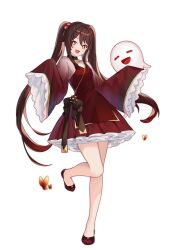 Rule 34 | 1girl, alternate costume, bare legs, boo tao (genshin impact), brown hair, dress, genshin impact, highres, hu tao (genshin impact), long hair, long sleeves, multicolored hair, open mouth, red dress, red eyes, red footwear, red hair, shoes, smile, solo, symbol-shaped pupils, twintails, white background, yu ri 0320