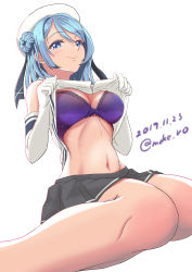 Rule 34 | 1girl, absurdres, blue eyes, blue hair, blush, bra, breasts, closed mouth, dated, double bun, elbow gloves, gloves, hair between eyes, hair bun, hair ornament, hat, highres, kantai collection, large breasts, lifted by self, long hair, looking at viewer, looking down, moke ro, sailor hat, school uniform, serafuku, simple background, skirt, smile, solo, underwear, urakaze (kancolle), white background, white gloves, white hat