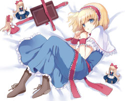 Rule 34 | 1girl, alice margatroid, bad id, bad pixiv id, blonde hair, blue eyes, book, boots, capelet, cierra (ra-bit), doll, dress, female focus, frills, grimoire, grimoire of alice, hairband, hourai doll, looking at viewer, lying, on side, open mouth, ra-bit, shanghai doll, solo, touhou, wrist cuffs