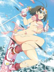 Rule 34 | ankle socks, antenna hair, bare hips, bare legs, boots, breasts, brown hair, eyewear on head, goggles, goggles on head, green eyes, highres, jumping, knees, knees up, legs, looking at viewer, mountain, multicolored footwear, nude, open mouth, outdoors, pink legwear, revealing clothes, senran kagura, sexually suggestive, short hair, ski boots, ski goggles, ski pole, skiing, skis, snow, socks, star (symbol), surprised, syuri (senran kagura), thick thighs, thighs, torn clothes, winter clothes