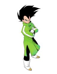 Rule 34 | 1boy, ankle boots, black bodysuit, black eyes, black hair, bodysuit, boots, closed mouth, coat, crossed arms, dragon ball, dragon ball super, dragon ball super broly, dragonball z, floating hair, full body, gloves, green coat, high collar, highres, kz (dbz kz), looking at viewer, male focus, sideways glance, simple background, single vertical stripe, smirk, spiked hair, standing, vegeta, white background, white footwear, white gloves, widow&#039;s peak, winter clothes