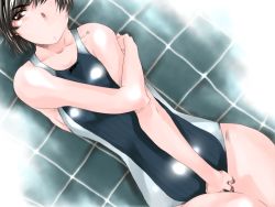 Rule 34 | 1girl, amagami, bad id, bad pixiv id, between legs, black eyes, black hair, blush, breasts, competition swimsuit, crossed arms, large breasts, looking at viewer, lying, mike156, on back, one-piece swimsuit, ponytail, short hair, solo, swimsuit, tsukahara hibiki, wink