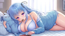 Rule 34 | bikini, blue bikini, blue eyes, blue hair, blue jacket, blurry, blurry background, breasts, candy, chocolate, chocolate bar, cleavage, collarbone, commentary request, crossed bangs, curtains, food, food in mouth, hair ribbon, highres, indoors, jacket, large breasts, long hair, looking at viewer, lying, on bed, on side, original, picture frame, pillow, purple eyes, ribbon, side-tie bikini bottom, sidelocks, stuffed animal, stuffed rabbit, stuffed toy, sweat, swimsuit, thighs, umitonakai, valentine, window