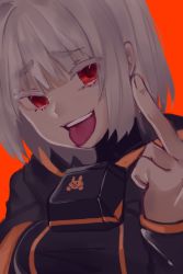 Rule 34 | 1girl, :d, colored eyelashes, furrowed brow, hand up, highres, honshi, lobotomy corporation, long sleeves, middle finger, myo (project moon), open mouth, orange background, project moon, red eyes, short hair, simple background, sleeves past wrists, smile, solo, teeth, tongue, tongue out, upper body, white hair