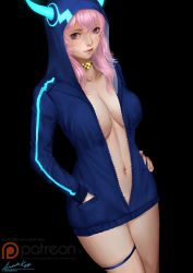 Rule 34 | 1girl, ariverkao, black background, breasts, choker, dated, dutch angle, hand in pocket, hand on own hip, hood, hoodie, horns, large breasts, lips, long hair, looking at viewer, naked hoodie, navel, original, partially unzipped, patreon logo, patreon username, pink hair, purple eyes, signature, smile, solo, thigh strap