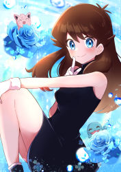 Rule 34 | 1girl, armpits, bare shoulders, black dress, black footwear, blue eyes, boots, breasts, brown hair, creatures (company), dress, earrings, eyelashes, female focus, finger to mouth, game freak, gen 1 pokemon, gloves, green (pokemon), hand on own knee, happy, haru (haruxxe), highres, index finger raised, jewelry, jigglypuff, knees up, legs, long hair, looking at viewer, medium breasts, neck, nintendo, parted bangs, pokemon, pokemon adventures, shiny clothes, shiny skin, short dress, side slit, sidelocks, sleeveless, sleeveless dress, sleeveless turtleneck, smile, squirtle, thighs, tight clothes, tight dress, turtleneck, turtleneck dress, water, white gloves