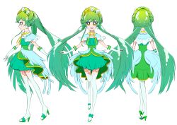 Rule 34 | 1girl, absurdres, boots, character sheet, earrings, elbow gloves, full body, gloves, green hair, green skirt, high heel boots, high heels, highres, jewelry, long hair, magical girl, multiple persona, multiple views, original, pantyhose, precure, rona67, skirt, smile, standing, twintails, very long hair, white background, white gloves, white pantyhose, yellow eyes