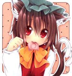 Rule 34 | 1girl, animal ears, bad id, bad pixiv id, brown hair, cat ears, cat tail, chen, condom, condom in mouth, hat, heart, heart-shaped pupils, mitoki 6x6, mouth hold, multiple tails, paw pose, red eyes, short hair, solo, symbol-shaped pupils, tail, touhou