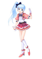 Rule 34 | 1girl, absurdres, ankle cuffs, apron, arm at side, badge, belt, belt buckle, blue belt, blue bow, blue eyes, blue hair, bow, bowtie, buckle, chain, commentary, cropped jacket, earrings, epaulettes, flat chest, frilled shirt, frilled skirt, frilled socks, frills, full body, gloves, hair bow, hand up, head tilt, high heels, high ponytail, highres, holding, holding microphone, idol, jacket, jewelry, kawagami raito, kneehighs, layered skirt, long hair, microphone, multicolored clothes, multicolored skirt, open mouth, original, pink footwear, pink jacket, pink skirt, print skirt, puffy short sleeves, puffy sleeves, red skirt, ribbed shirt, ribbon, ribbon trim, shirt, shoes, short sleeves, side ponytail, simple background, single glove, skirt, smile, socks, solo, standing, standing on one leg, striped bow, striped clothes, striped jacket, swept bangs, tareme, tiptoes, waist apron, white background, white gloves, white shirt, white socks, wrist cuffs, wrist ribbon