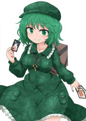 Rule 34 | 1girl, bag, blush, breasts, card, cellphone, chups, dress, frills, green dress, green eyes, green hair, grin, hat, highres, holding, holding card, large breasts, long sleeves, ofuda, phone, playing card, short hair, skirt, smartphone, smile, solo, touhou, white background, yamashiro takane