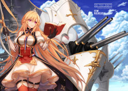 Rule 34 | 1girl, azur lane, baek hyang, bare shoulders, black gloves, blonde hair, book, breasts, cannon, character name, closed mouth, day, dya, flag, gloves, green eyes, hair between eyes, hair ornament, highres, holding, holding book, holding flag, jewelry, large breasts, long hair, looking away, open book, outdoors, pleated skirt, red thighhighs, richelieu (azur lane), rigging, skirt, thighhighs, white skirt