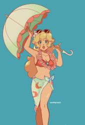 Rule 34 | 1girl, bare arms, bikini, blonde hair, blue background, breasts, brooch, cleavage, earrings, eyewear on head, feet out of frame, female focus, flower, flower necklace, hair flower, hair ornament, hand up, highres, holding, holding umbrella, jewelry, lei, lips, long hair, looking at viewer, mario (series), medium breasts, midriff, navel, necklace, nintendo, open mouth, parasol, pink bikini, princess peach, princess peach (swimwear), sarong, sidelocks, simple background, softp3ach, solo, super mario odyssey, swimsuit, umbrella, wavy hair