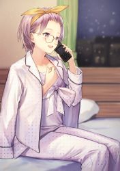 Rule 34 | 1girl, :d, alternate costume, alternate hairstyle, bed, bed frame, blurry, brown-framed eyewear, commentary request, curtains, depth of field, fate/grand order, fate (series), feet out of frame, forehead, glasses, hair ribbon, hairband, hand on own chest, haru (hiyori-kohal), holding, holding phone, indoors, jacket, jacket on shoulders, long sleeves, mash kyrielight, on bed, open mouth, pajamas, phone, pillow, pink hair, polka dot, purple eyes, ribbon, short hair, sitting, smile, solo, talking on phone, unmoving pattern, wings, yellow hairband, yellow ribbon