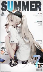 Rule 34 | 1girl, absurdres, barcode, baseball cap, black choker, black hat, black shorts, blonde hair, choker, chyan, cover, eating, food, hand up, hat, highres, holding, long hair, long shirt, looking at viewer, looking back, magazine cover, nike (company), original, phone, pointy ears, ponytail, popsicle, shiny clothes, shirt, shoes, short sleeves, shorts, sneakers, solo, squatting, sweatdrop, v, white shirt