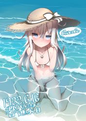 Rule 34 | 10s, 1girl, absurdres, alternate costume, bare arms, bare legs, bare shoulders, barefoot, between legs, bikini, blue eyes, blush, breasts, collarbone, colored eyelashes, dated, from above, full body, hair between eyes, hand between legs, hat, hibiki (kancolle), highres, kantai collection, light smile, long hair, looking at viewer, midriff, navel, russian text, silver hair, sitting, small breasts, solo, stomach, sun hat, swimsuit, thighs, translation request, water, waves, white bikini, yaosera