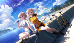 2girls :d ahoge beach bicycle black_footwear blonde_hair blue_shorts bottle cinderella_series cloud cumulonimbus_cloud dutch_angle game_cg green_eyes hachigatsu_no_cinderella_nine hifumi_yuri highres holding holding_bottle jacket lens_flare light_rays long_hair looking_to_the_side low_twintails multicolored_clothes multicolored_jacket multicolored_shorts multiple_girls nishinomiya_arisu non-web_source ocean official_art open_mouth outdoors plastic_bottle power_lines red_eyes shirt shoes short_hair short_sleeves shorts sitting sky sleeveless sleeveless_shirt smile sneakers sunbeam sunlight sweat teeth tied_shirt track_suit twintails upper_teeth_only utility_pole white_shirt