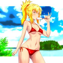 Rule 34 | 1girl, bikini, blonde hair, blush, breasts, fate/grand order, fate (series), food, gluteal fold, green eyes, legs apart, looking at viewer, medium breasts, mordred (fate), mordred (fate/apocrypha), mordred (swimsuit rider) (first ascension) (fate), navel, nike (0306), ponytail, popsicle, red bikini, side-tie bikini bottom, solo, swimsuit, tongue, tongue out