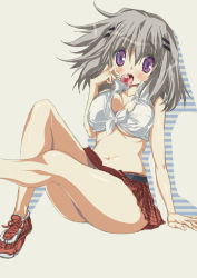 Rule 34 | 1girl, bare shoulders, blush, breasts, candy, character request, crop top, food, grey hair, hair ornament, hairclip, large breasts, lollipop, long hair, looking at viewer, navel, open mouth, purple eyes, shirt, shoes, sitting, skirt, sleeveless, sleeveless shirt, sneakers, solo, stomach, tongue, tongue out, yohane