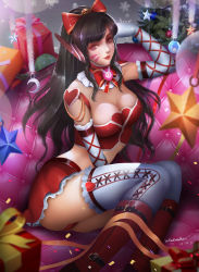 Rule 34 | 1girl, artist name, ass, bell, black hair, blunt bangs, boots, bow, box, breasts, brown eyes, bustier, choker, christmas, christmas tree, cleavage, couch, d.va (overwatch), dated, elbow gloves, facepaint, facial mark, frilled thighhighs, frills, gift, gift box, gloves, hair bell, hair bow, hair ornament, heart, highres, jingle bell, lips, long hair, looking at viewer, medium breasts, microskirt, midriff, overwatch, overwatch 1, panties, pantyshot, parted lips, petticoat, ponytail, red bow, red footwear, red panties, red skirt, robot ears, sitting, skirt, smile, snowflakes, solo, star (symbol), strapless, swept bangs, thighhighs, turewindwalker, underwear, whisker markings, white gloves, white thighhighs, yokozuwari