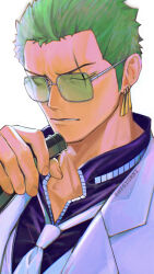 Rule 34 | 1boy, artist name, bottle, commentary, earrings, green-tinted eyewear, green hair, highres, holding, holding bottle, jewelry, male focus, mygiorni, necktie, one eye closed, one piece, one piece film: gold, roronoa zoro, scar, scar across eye, scar on face, short hair, simple background, single earring, solo, sunglasses, tinted eyewear, white background