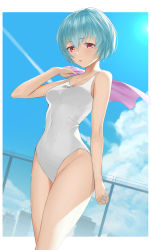 Rule 34 | 1girl, ayanami rei, blue hair, blue sky, breasts, building, casual one-piece swimsuit, chain-link fence, cloud, contrail, covered navel, cowboy shot, day, dutch angle, fence, highres, looking at viewer, neon genesis evangelion, one-piece swimsuit, outdoors, pink towel, red eyes, short hair, sky, small breasts, solo, swimsuit, takumi11, towel
