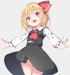 Rule 34 | 1girl, :d, amashi (qcmrq906), ascot, bad id, bad pixiv id, black skirt, blonde hair, blue background, blush, commentary request, fang, hair ribbon, looking at viewer, open mouth, outstretched arms, red ascot, red eyes, red ribbon, ribbon, rumia, short hair, simple background, skirt, smile, solo, touhou