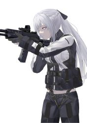Rule 34 | 1girl, ak-12, ak-12 (girls&#039; frontline), ammunition pouch, assault rifle, black gloves, black pants, braid, breasts, closed mouth, feet out of frame, girls&#039; frontline, gloves, gun, hair ribbon, highres, holding, holding gun, holding weapon, kalashnikov rifle, long hair, looking away, pants, partially fingerless gloves, ponytail, pouch, purple eyes, ribbon, rifle, side braid, silver hair, solo, standing, tactical clothes, weapon, wh1te, white background