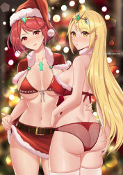 Rule 34 | 2girls, ass, ass grab, ass support, bare shoulders, bikini, bikini top only, blonde hair, blush, breasts, capelet, chest jewel, christmas, chungmechanic, circlet, clothes lift, deep skin, from behind, hat, highres, large breasts, long hair, looking at viewer, looking back, multiple girls, mythra (xenoblade), open mouth, orange eyes, panties, pyra (xenoblade), red eyes, red hair, red panties, santa bikini, santa costume, santa hat, shiny clothes, shiny skin, short hair, sideboob, skirt, smile, swept bangs, swimsuit, thighhighs, underwear, very long hair, white legwear, xenoblade chronicles (series), xenoblade chronicles 2