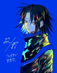 Rule 34 | 1boy, asuhayaiba, black eyes, black hair, blue background, commentary request, feitan portor, highres, hunter x hunter, long sleeves, looking at viewer, male focus, short hair, simple background, solo