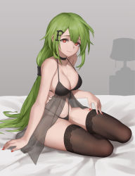 Rule 34 | 1girl, babydoll, black bra, black panties, black thighhighs, box, bra, breasts, cleavage, closed mouth, commentary request, commission, full body, girls&#039; frontline, green hair, hair ornament, halterneck, hand on own thigh, heart, heart-shaped box, heart-shaped pupils, highleg, highleg panties, highres, long hair, looking at viewer, medium breasts, miso (b7669726), mk48 (girls&#039; frontline), nail polish, on bed, panties, pixiv commission, red nails, sitting, smile, solo, symbol-shaped pupils, thighhighs, underwear, underwear only, very long hair