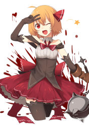 Rule 34 | 1girl, ;d, ahoge, alternate costume, ball and chain (weapon), black gloves, black thighhighs, blonde hair, blood, bow, brown gloves, cowboy shot, cropped legs, detached collar, elbow gloves, fang, flail, gloves, hair ribbon, hand up, heart, highres, holding, holding weapon, looking at viewer, magical girl, one eye closed, open mouth, red bow, red eyes, red skirt, ribbon, rumia, sh (shinh), short hair, simple background, skirt, sleeveless, smile, solo, star (symbol), thighhighs, touhou, underbust, v, weapon, white background, zettai ryouiki