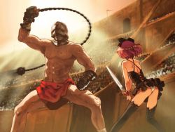 Rule 34 | 1boy, 1girl, abs, age difference, arena, aria vancleef, arm up, armor, ass, back, ball and chain (weapon), bandages, bare back, bare shoulders, battle, bow, chain, colosseum, corset, dress, epic, fighting stance, fingerless gloves, flag, game cg, gauntlets, gladiator, gloves, gothic lolita, hair bow, halterneck, helmet, lace, lace-trimmed legwear, lace-trimmed panties, lace trim, leaning forward, light rays, littlewitch, lolita fashion, motion blur, muscular, navel, ooyari ashito, panties, pantyshot, pink hair, pleated dress, scar, shadow, short dress, short hair, shoujo mahou gaku littlewitch romanesque, spiked ball and chain, spread legs, stadium, standing, sun, sunbeam, sunlight, sunset, sword, thighhighs, thighs, topless male, torn clothes, underwear, upskirt, weapon, wristband