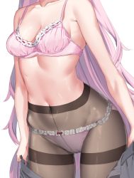 Rule 34 | 1girl, bare arms, bow, bow panties, bra, breasts, commentary request, covered navel, cowboy shot, hakui koyori, head out of frame, high-waist pantyhose, hololive, k mugura, long hair, medium breasts, panties, panties under pantyhose, pantyhose, pink bra, pink hair, pink panties, simple background, solo, standing, stomach, thighband pantyhose, underwear, undressing, very long hair, virtual youtuber, white background