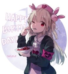Rule 34 | 1girl, apron, armband, black jacket, blouse, blush, bowl, circle, collared shirt, commentary, dated, eating, food, food in mouth, fork, fruit, hair ornament, happy birthday, hat, heart, holding, holding bowl, jacket, light brown hair, long hair, long sleeves, looking at viewer, makihitsuji, natori sana, nurse cap, one eye closed, pink apron, pink hat, rabbit hair ornament, red eyes, safety pin, sana channel, shirt, solo, star (symbol), strawberry, two side up, virtual youtuber, white shirt