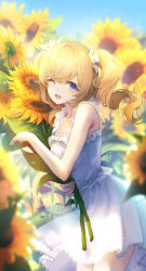 Rule 34 | 1girl, :d, barbara (genshin impact), bare arms, blonde hair, blue eyes, commentary, cowboy shot, dress, drill hair, flower, frilled dress, frills, from side, genshin impact, highres, holding, holding flower, lace trim, long hair, looking at viewer, nature, one eye closed, open mouth, outdoors, pistachiocream, sleeveless, sleeveless dress, smile, solo, summer, sundress, sunflower, twin drills, white dress