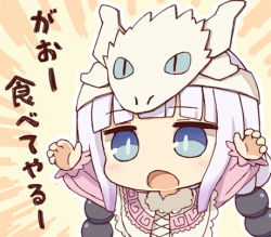Rule 34 | 10s, 1girl, arms up, blue eyes, commentary request, dragon girl, dragon horns, hair ornament, hairband, horns, kanna kamui, kanna kamui (dragon) (maidragon), kata meguma, kobayashi-san chi no maidragon, light purple hair, long hair, long sleeves, looking at viewer, low twintails, lowres, open mouth, solo, translated, twintails