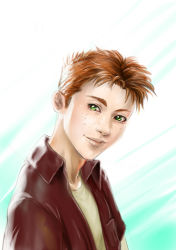 Rule 34 | 1boy, collared shirt, dc comics, flash (series), freckles, green eyes, looking at viewer, male focus, orange hair, overshirt, portrait, shirt, smile, solo, wally west, yellow shirt, young justice: invasion