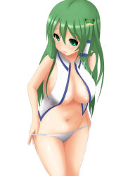 Rule 34 | 1girl, areola slip, bare arms, bare shoulders, breasts, cleavage, closed mouth, collar, cowboy shot, frog hair ornament, green eyes, green hair, groin, hair between eyes, hair ornament, hair tubes, hifumi kei, kochiya sanae, large breasts, legs together, looking at viewer, matching hair/eyes, midriff, naked vest, navel, nipple slip, nipples, open clothes, open vest, panties, simple background, solo, standing, stomach, tareme, touhou, underwear, undressing, vest, white background, white panties, white vest