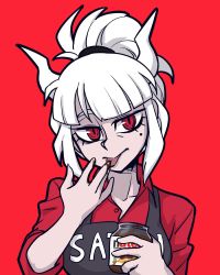 Rule 34 | 1girl, apron, chocolate, demon girl, demon horns, hairband, helltaker, horns, licking, licking finger, long hair, looking at viewer, lucifer (helltaker), mole, mole under eye, nutella, ponytail, red background, red eyes, red shirt, shirt, solo, ta-na (tana351), tongue, tongue out, white hair