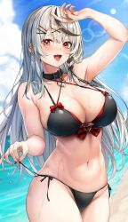 Rule 34 | 1girl, absurdres, arm up, belt collar, bikini, black bikini, black collar, black hair, blue sky, breasts, cloud, collar, ear piercing, earrings, hair ornament, hairpin, highres, hololive, jewelry, large breasts, light blush, long hair, looking at viewer, multicolored hair, nail polish, navel, open mouth, outdoors, piercing, raag jp, red eyes, red nails, sakamata chloe, side-tie bikini bottom, sky, smile, streaked hair, swimsuit, virtual youtuber, wet, wet clothes, wet swimsuit, x hair ornament