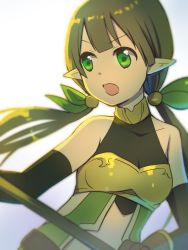 Rule 34 | 1girl, bare shoulders, black sleeves, blue background, blurry, blurry foreground, blush, breasts, brown gloves, character request, collarbone, covered collarbone, depth of field, detached sleeves, gloves, gradient background, green eyes, green hair, green ribbon, gucchiann, hair ornament, hair ribbon, highres, long hair, long sleeves, looking away, looking to the side, low twintails, pointy ears, princess connect!, ribbon, sleeveless, small breasts, solo, twintails, upper body, v-shaped eyebrows, very long hair, white background