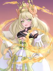 Rule 34 | 1girl, :d, bare shoulders, blonde hair, book, bow, breasts, butterfly hair ornament, celine (fire emblem), cleavage, crown, dated, dress, dress bow, fire, fire emblem, fire emblem engage, flower, gloves, green eyes, hair flower, hair ornament, highres, holding, holding book, jewelry, long hair, looking at viewer, medium breasts, mugitoro (dsfv2277), nintendo, open book, open mouth, outstretched hand, ring, simple background, smile, solo, underboob, white gloves