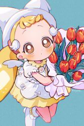 Rule 34 | 1girl, blonde hair, blue background, bouquet, brown eyes, chromatic aberration, closed mouth, dress, flower, from above, gloves, hat, highres, holding, holding bouquet, long hair, looking at viewer, magical girl, makihatayama hana, momiji (lucario), ojamajo doremi, puffy short sleeves, puffy sleeves, red flower, red tulip, short bangs, short sleeves, solo, standing, tulip, twintails, very long hair, white dress, white footwear, white gloves, white hat, white wings, wing hair ornament, wings