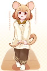 Rule 34 | 1girl, :d, animal ears, apron, blonde hair, blush, brown eyes, commentary, holding own tail, holding tail, japanese clothes, kappougi, looking at viewer, mouse ears, mouse girl, mouse tail, open mouth, original, short hair, smile, solo, sudumenooyado, tabi, tail, thick eyebrows, translated